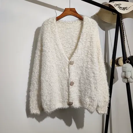 毛衣开衫女秋冬新款韩版宽松慵懒风亮丝毛茸茸洋气针织衫外套加厚商品大图