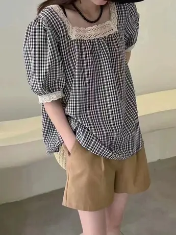 法式蕾丝拼接方领衬衫女2023年夏季新款宽松泡泡袖减龄格子上衣女商品大图