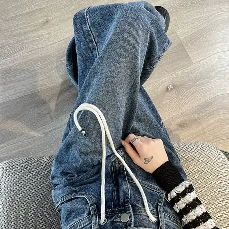 阔腿牛仔裤女2023年春季新款高腰直筒宽松ins男友风抽绳直筒长裤图片