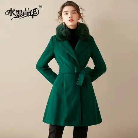 水墨青华秋装新款时尚羊毛呢外套系带修身百搭中长款大衣女图片