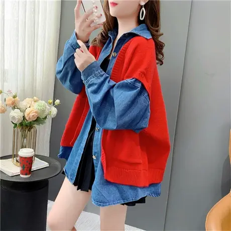 假两件牛仔拼接针织开衫女秋季2023新款韩版宽松港风毛衣外套上衣图片