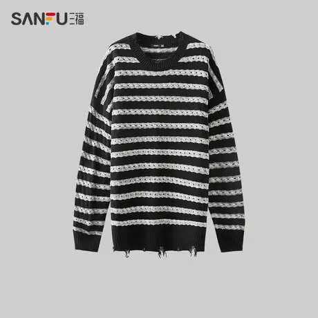 三福2023冬男士横条纹镂空大廓形毛衣 潮流宽松圆领上衣476151商品大图