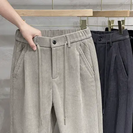 松紧腰保暖毛呢休闲裤子男款2023秋冬轻商务抗皱灯芯绒锥形男裤子商品大图