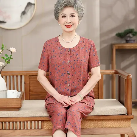 妈妈棉绸睡衣女款夏薄款套装中老年人绵绸短袖开衫空调家居服奶奶商品大图