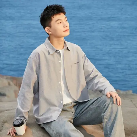 唐狮长袖衬衫男秋季新款白色高级感纯色百搭宽松休闲上衣外套图片