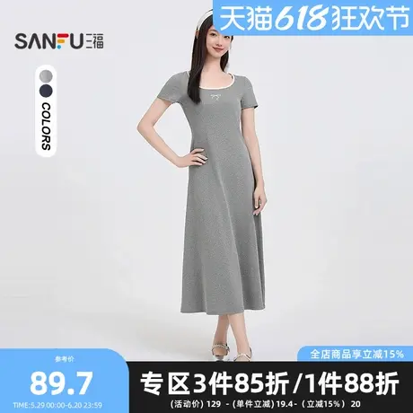 三福连衣裙2025夏季蝴蝶结刺绣方领合身长裙裙子女装498366图片