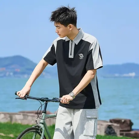 唐狮夏季新款男短袖Polo衫拼接撞色翻领上衣学生宽松运动T恤图片