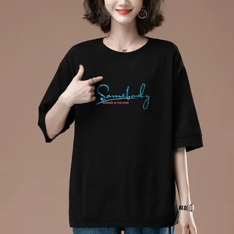 中年妈妈七分袖t恤女秋季新款加大码宽松纯棉遮肚圆领中袖体恤女商品大图