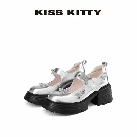 KISSKITTY银色羊皮单鞋新款厚底蝴蝶结小皮鞋复古玛丽珍增高女鞋图片