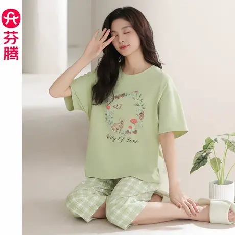 芬腾睡衣女款夏季纯棉短袖七分短裤薄款宽松休闲可外穿可爱家居服商品大图