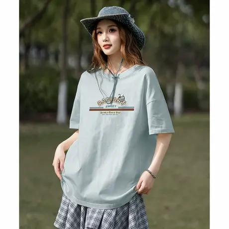 唐狮夏季女新款短袖T恤白色纯棉圆领字母印花减龄设计感T恤图片