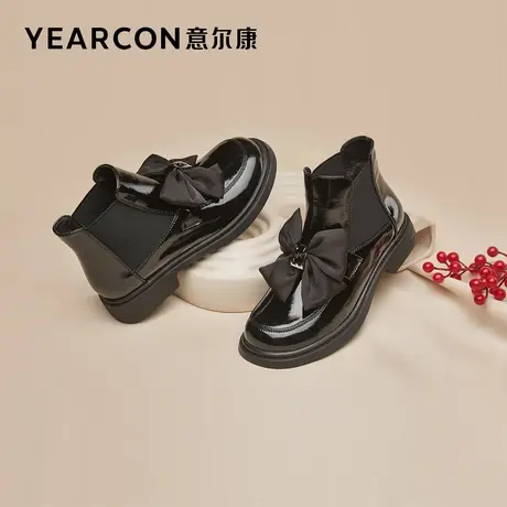 意尔康女鞋秋冬季女士漆皮短靴粗跟单靴切尔西靴法式休闲显脚小图片