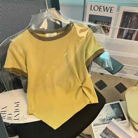 辣妹正肩别致独特短款上衣设计感女小众显瘦修身不规则短袖t恤夏商品大图