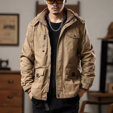 百搭时尚大码外套加绒工装男夹克外套男士秋冬男款保暖连帽外套图片