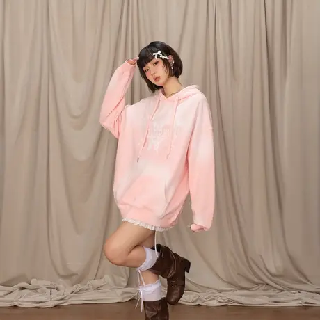 YEP设计感扎染连帽卫衣女早秋新款美式复古帽衫宽松套头长袖外套商品大图