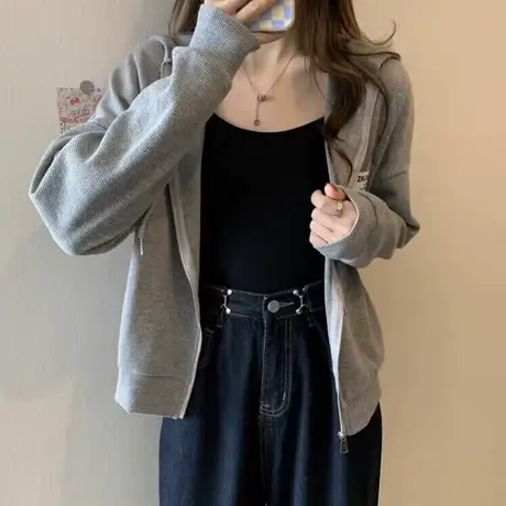 ins超火薄款连帽衫卫衣女秋季百搭韩版宽松显瘦华夫格上衣外套潮商品大图