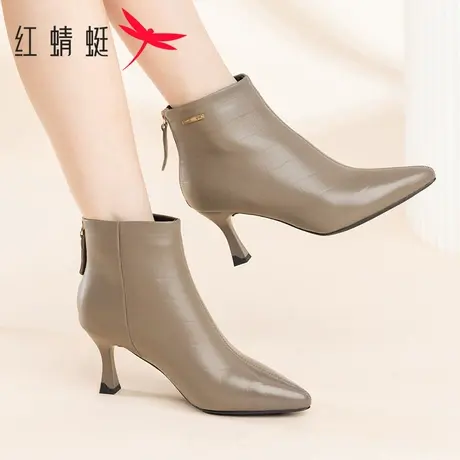 红蜻蜓短靴女秋冬季真皮时尚气质细高跟尖头短筒靴加绒保暖时装靴商品大图