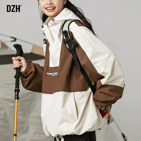 男士拼接连帽外套男春秋潮高级感2023新款美式冲锋衣男女同款夹克商品大图