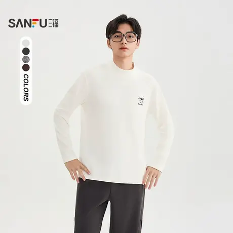 三福2025冬季男士线条熊长T恤 休闲绒感宽松中领上衣511019商品大图