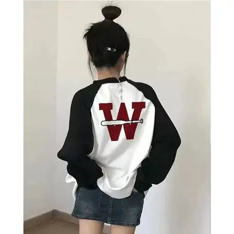 美式插肩oversize长袖T恤女秋季宽松纯棉百搭打底衫上衣ins潮图片