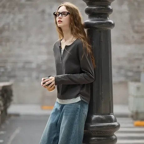 唐狮秋季新款长袖T恤女假两件撞色拼接半开领百搭气质上衣TM商品大图