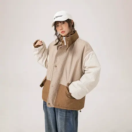 复古拼接格子棉服女加厚冬天外套新款潮牌面包服宽松oversize棉衣图片