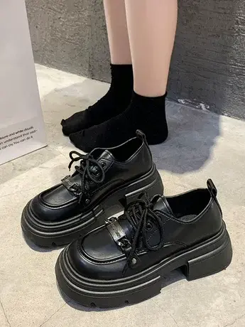 时尚厚底增高金属小皮鞋女2023年新款秋冬英伦风复古高跟系带单鞋商品大图