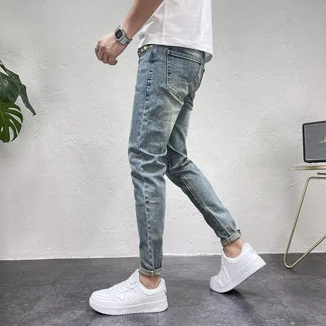 2023秋冬新款复古做旧百搭修身小脚裤男士青年猫爪刮烂牛仔长裤潮商品大图