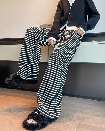 窄版黑白条纹阔腿女春秋高腰垂感小个子百搭跑步直筒裤宽松休闲裤商品大图