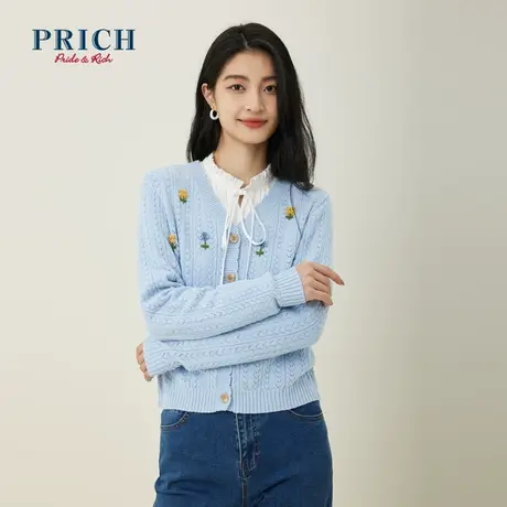 PRICH23春夏新优雅圆领V领针织衫上衣女镂空花朵开衫商品大图