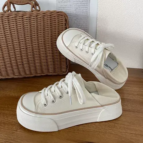 芒果头厚底帆布鞋女2023新款小众百搭板鞋夏季薄款半拖两穿小白鞋图片