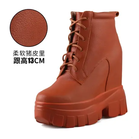 马丁靴女2023年新款内增高13CM松糕跟高帮英伦风棕色牛皮厚底短靴图片