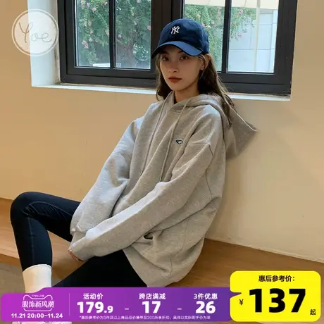 yoe灰色连帽卫衣女加绒休闲运动简约设计感oversize上衣外套女装图片