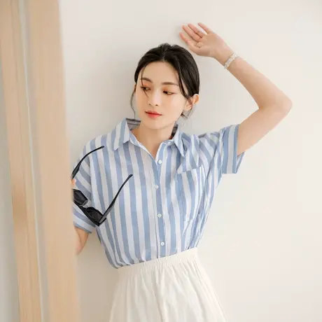 桔熊夏季小清新舒适条纹衬衫宽松薄款短袖上衣女胖mm大码AB17098图片