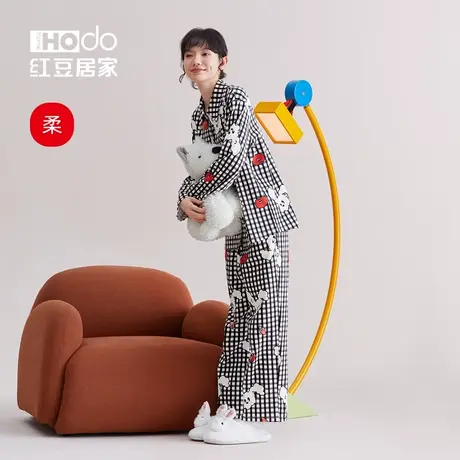 红豆居家纯棉睡衣女春秋长袖复古格纹卡通可外穿家居套装秋冬商品大图