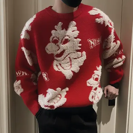 毛衣男冬季新款国潮卡通新年龙提花针织打底衫慵懒风个性内搭线衣商品大图