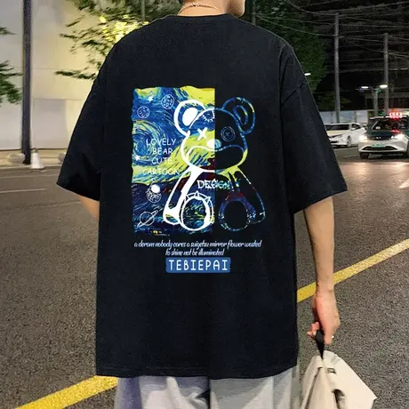 高街纯棉夏季短袖t恤男潮牌美式vintage体恤衫情侣装小熊卡通半袖商品大图