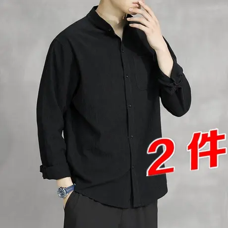 工装衬衫男长袖日系宽松休闲秋季纯棉黑色翻领韩版潮流百搭衬衣男商品大图