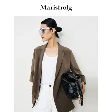 【6A级桑蚕丝】玛丝菲尔2023年夏季新款咖色截短七分袖西装外套女商品大图