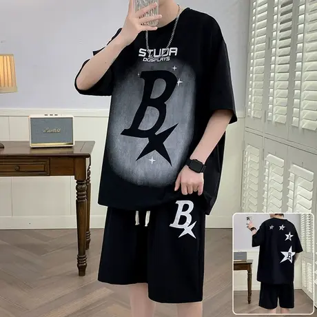 渐变色印花短袖t恤男套装夏季五分半袖男潮T青少年休闲运动两件套图片