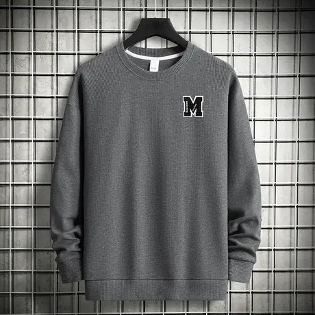 华夫格灰色卫衣男2024新款春秋季宽松潮流圆领长袖t恤无帽上衣服商品大图