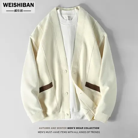 秋冬季纯色抗皱V字领开衫卫衣男2023新款潮流青年百搭宽松外套男商品大图