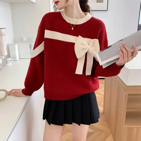 2023新款秋冬甜美蝴蝶结学院慵懒风打底毛衣女宽松针织衫外穿上衣商品大图