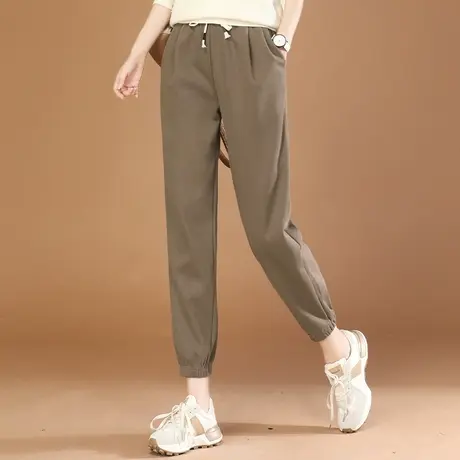 韩潮袭人松紧腰休闲运动裤女2024春装新款束脚黑色哈伦卫裤子长裤图片