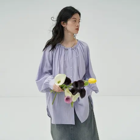 omont蛋挞家抽绳物理防晒薄衬衫女夏圆领肌理感宽松长袖上衣衬衣商品大图