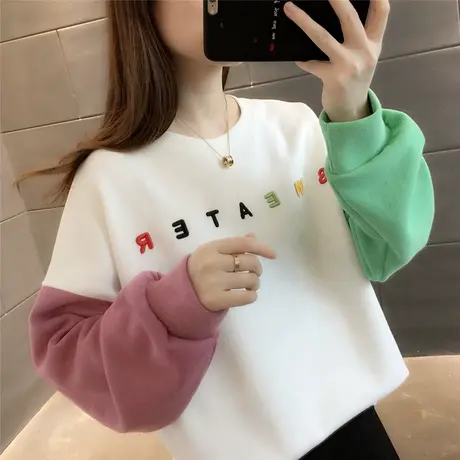 字母刺绣卫衣女圆领套头2023春秋新款韩版宽松拼色上衣潮bf风外套图片