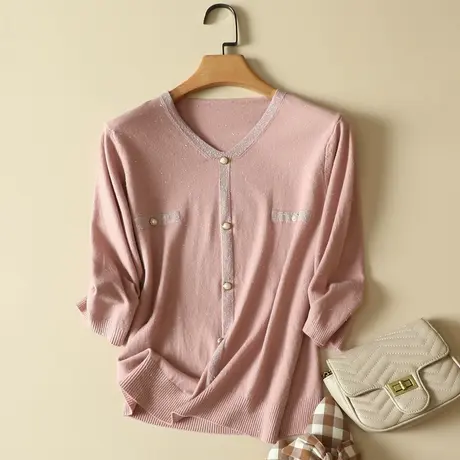 2022春装时尚新款V领短款七分袖宽松套头针织衫亮丝上衣打底衫女图片