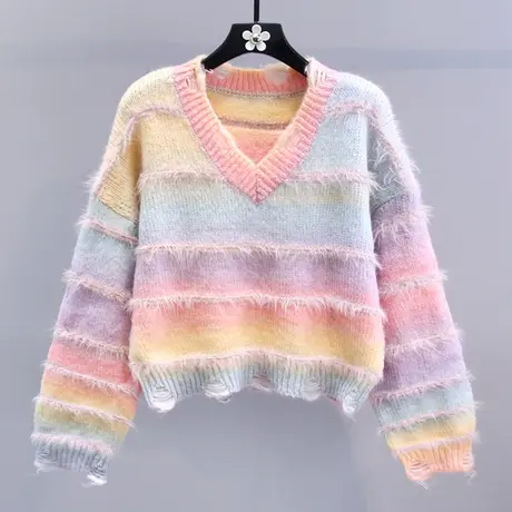 多巴胺渐变色条纹破洞V领毛衣女秋冬2023新款宽松显瘦针织衫上衣商品大图