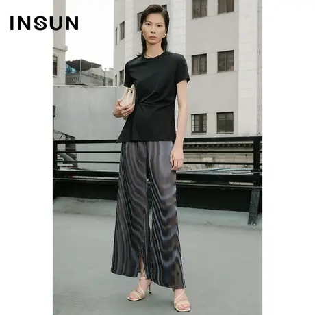 INSUN恩裳夏季细密褶皱微弹阔腿裤图片