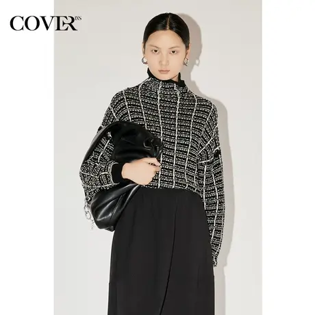 COVER冬季格纹小香风高领宽松毛织衫商品大图